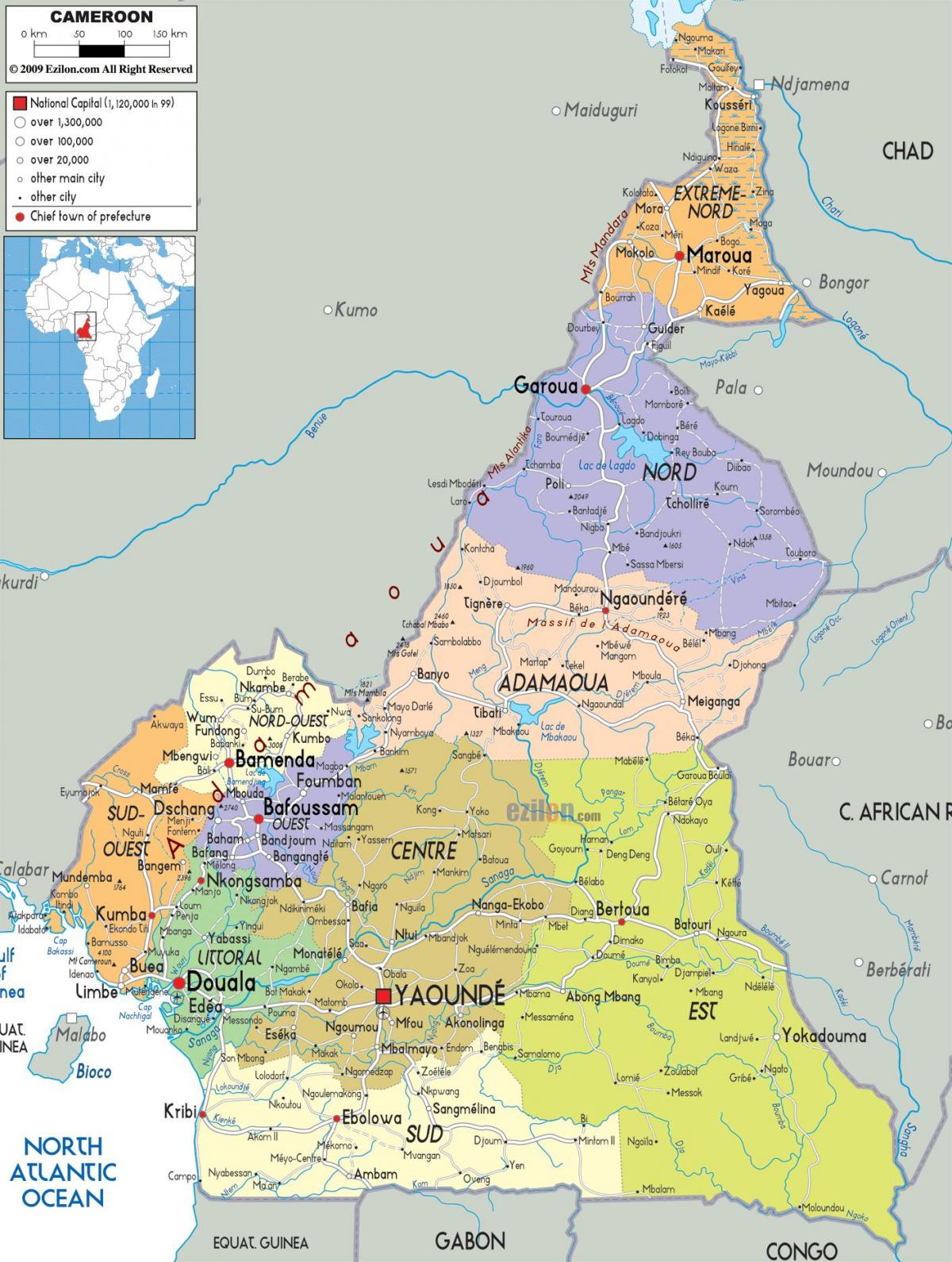 Kamerun mapa regionů