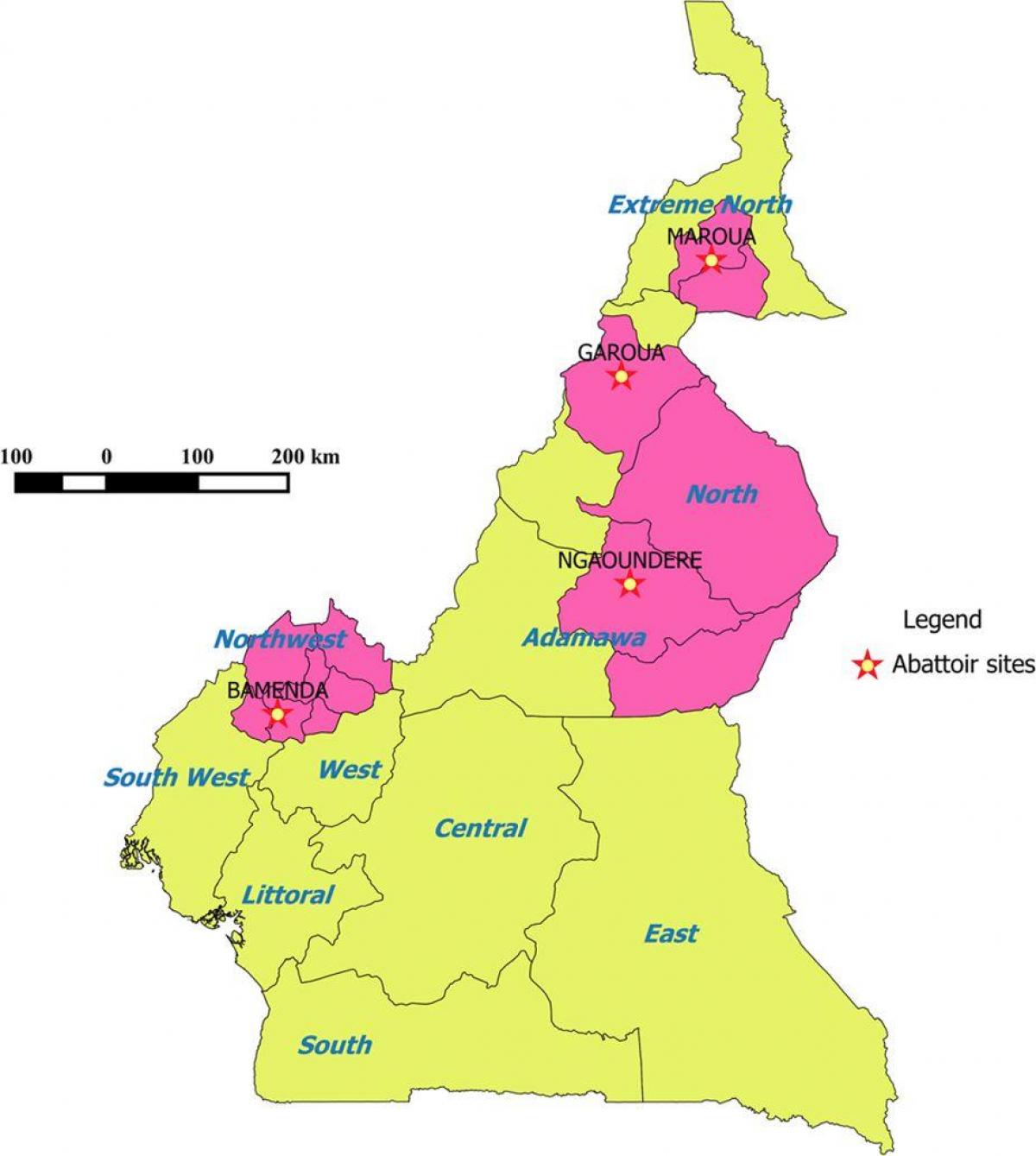 Kamerun ukazuje regiony mapě